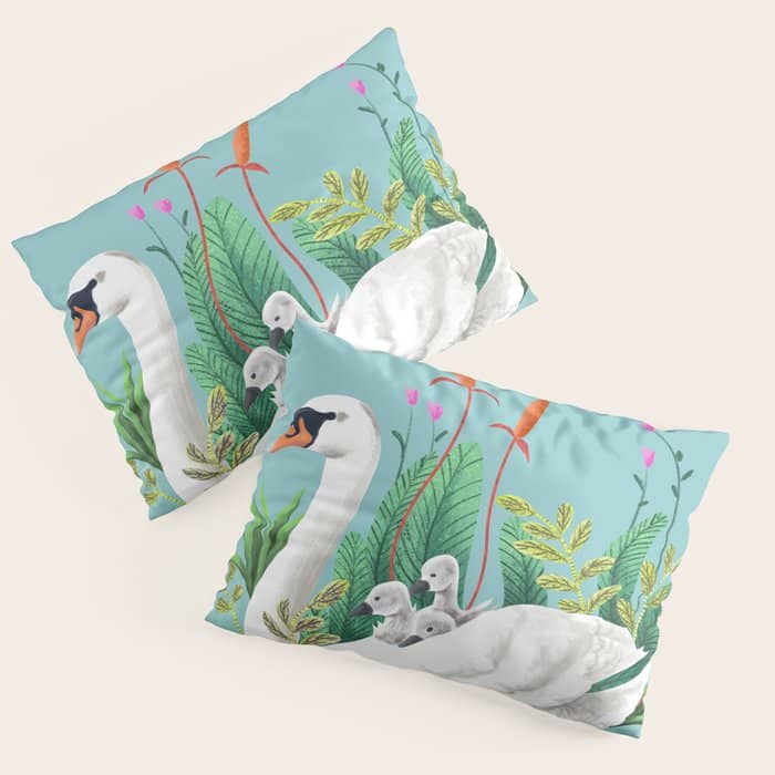Bond, Jungle Animals, Swan Family Nature Pond Illustration, Bohemian Ducks Love Colorful Botanical Pillow Sham