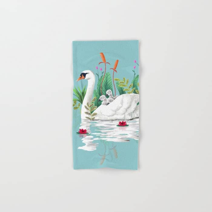 Bond, Jungle Animals, Swan Family Nature Pond Illustration, Bohemian Ducks Love Colorful Botanical Bath Towel