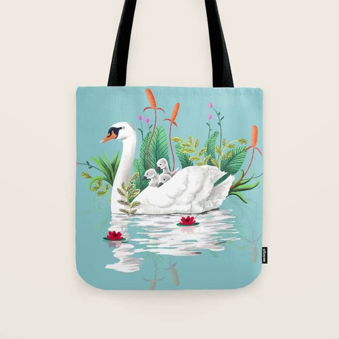 Bond, Jungle Animals, Swan Family Nature Pond Illustration, Bohemian Ducks Love Colorful Botanical Tote Bag