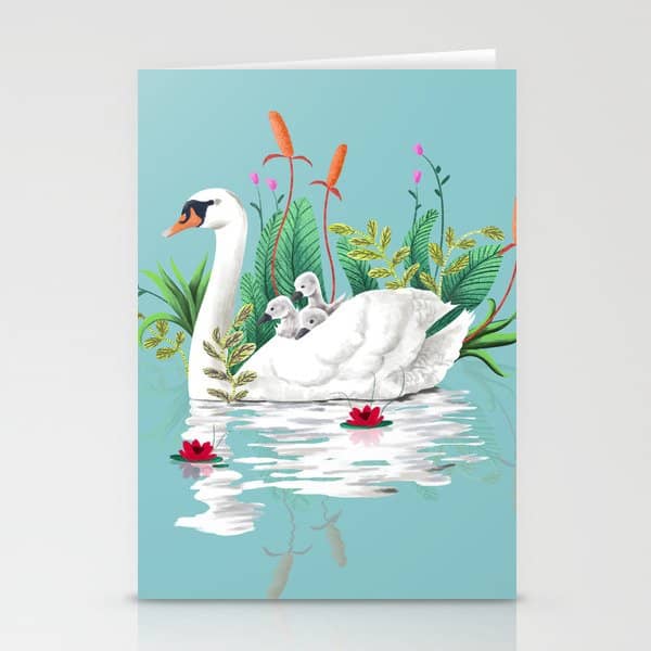 Bond, Jungle Animals, Swan Family Nature Pond Illustration, Bohemian Ducks Love Colorful Botanical Stationery Card