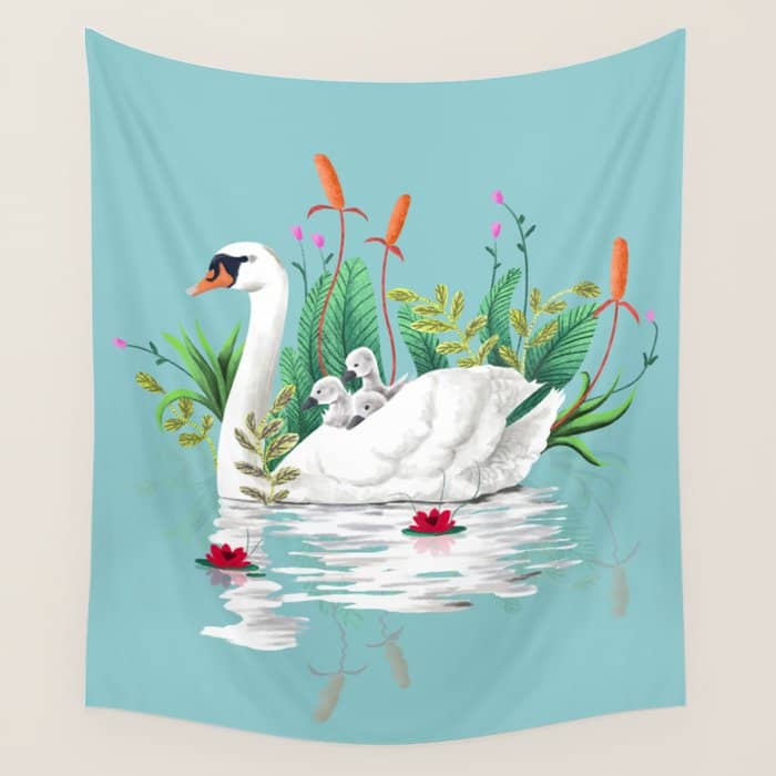 Bond, Jungle Animals, Swan Family Nature Pond Illustration, Bohemian Ducks Love Colorful Botanical Wall Tapestry