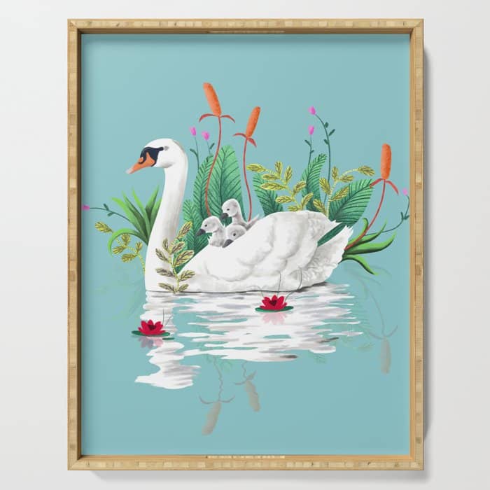 Bond, Jungle Animals, Swan Family Nature Pond Illustration, Bohemian Ducks Love Colorful Botanical Serving Tray