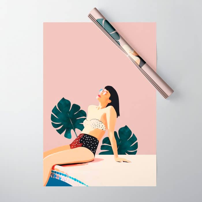 Sunday, Summer Swim Poolside Fashion, Bohemian Woman Sunbath Tan Bikini Monstera Tropical Travel Wrapping Paper