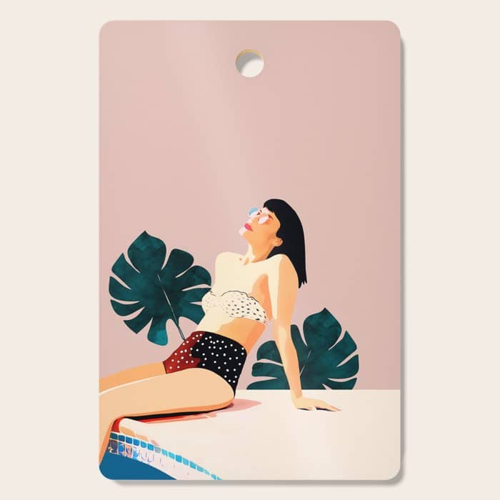 Sunday, Summer Swim Poolside Fashion, Bohemian Woman Sunbath Tan Bikini Monstera Tropical Travel Cutting Board