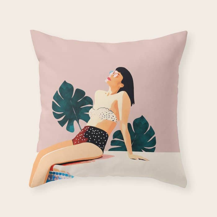 Sunday, Summer Swim Poolside Fashion, Bohemian Woman Sunbath Tan Bikini Monstera Tropical Travel Throw Pillow