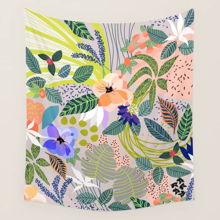 Wander, Floral Colorful Summer Modern Bohemian Illustration, Nature Blush Botanical Tropical Garden Wall Tapestry