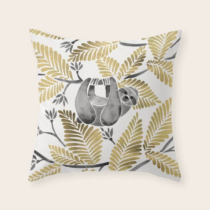 Happy Sloth - Tropical Gold Leaves Throw Pillow