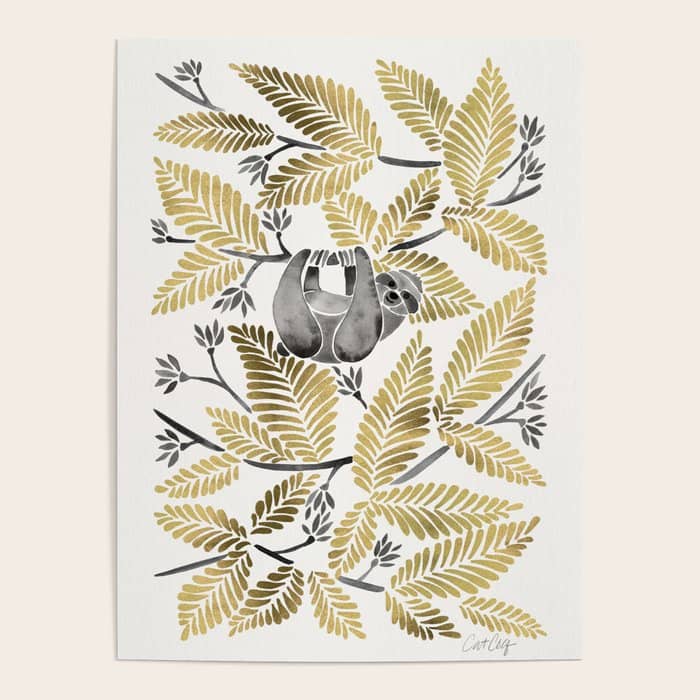 Happy Sloth - Tropical Gold Leaves Poster