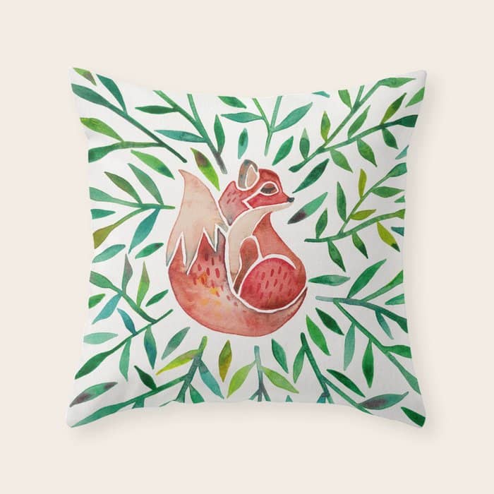 Woodland Fox - Green Leaves Throw Pillow
