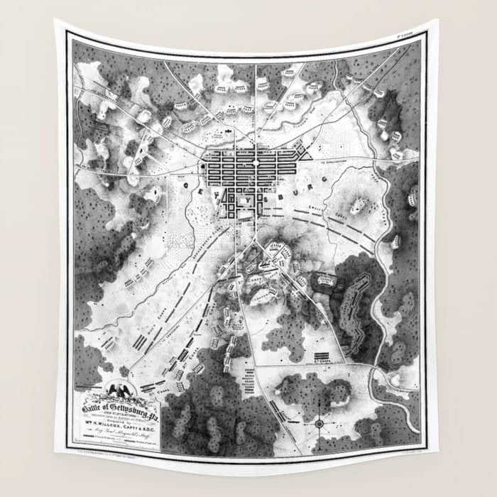 Vintage Map Of The Gettysburg Battlefield (1863)Bw Wall Tapestry