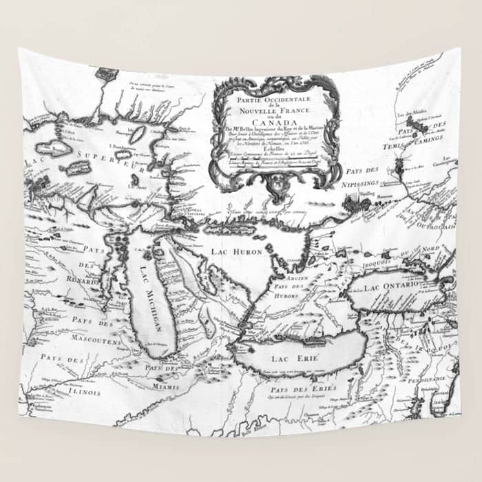 Vintage Map Of The Great Lakes (1755) Bw Wall Tapestry