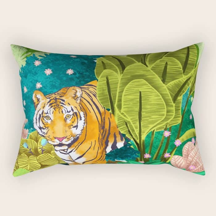 Jungle Tiger | Modern Bohemian Colorful Forest | Tropical Botanical Nature Watercolor Painting Rectangular Pillow
