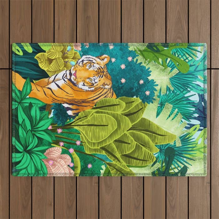 Jungle Tiger | Modern Bohemian Colorful Forest | Tropical Botanical Nature Watercolor Painting Outdoor Rug