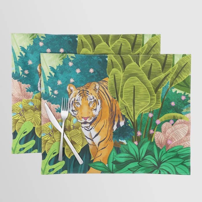 Jungle Tiger | Modern Bohemian Colorful Forest | Tropical Botanical Nature Watercolor Painting Placemat