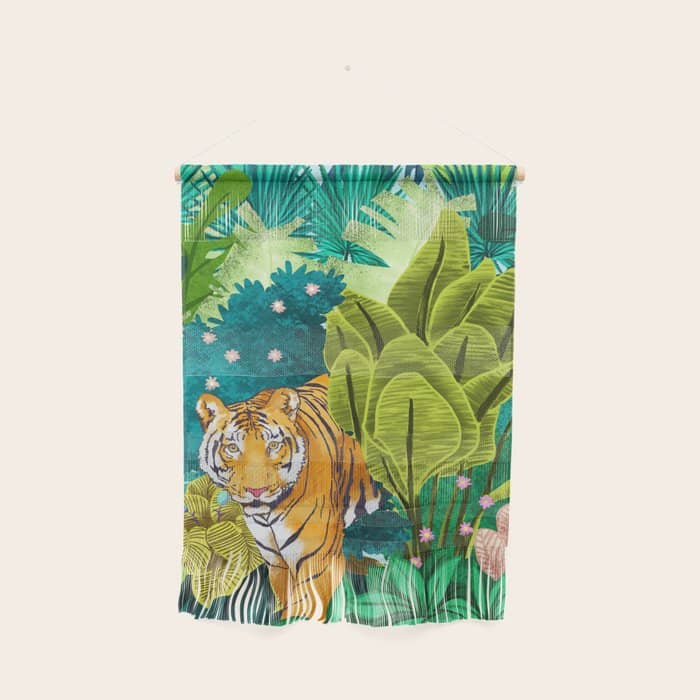 Jungle Tiger | Modern Bohemian Colorful Forest | Tropical Botanical Nature Watercolor Painting Wall Hanging