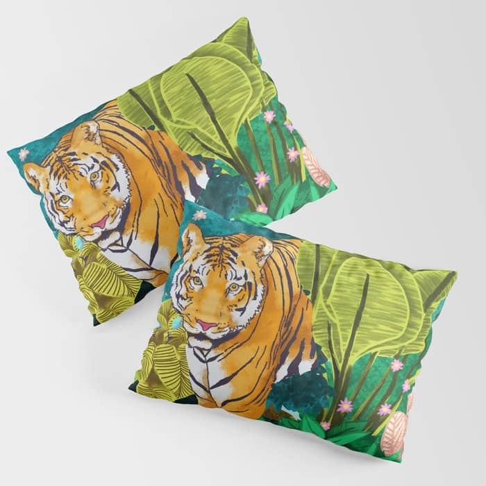 Jungle Tiger | Modern Bohemian Colorful Forest | Tropical Botanical Nature Watercolor Painting Pillow Sham