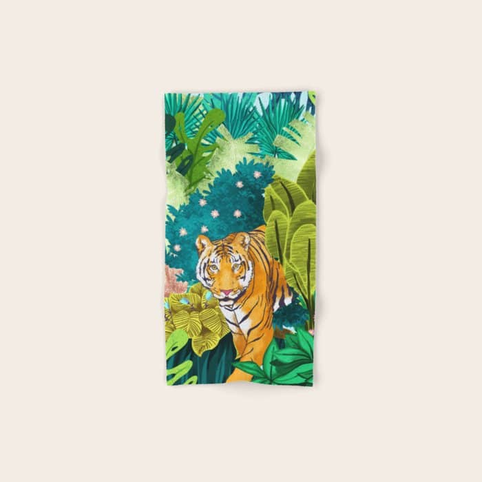 Jungle Tiger | Modern Bohemian Colorful Forest | Tropical Botanical Nature Watercolor Painting Bath Towel