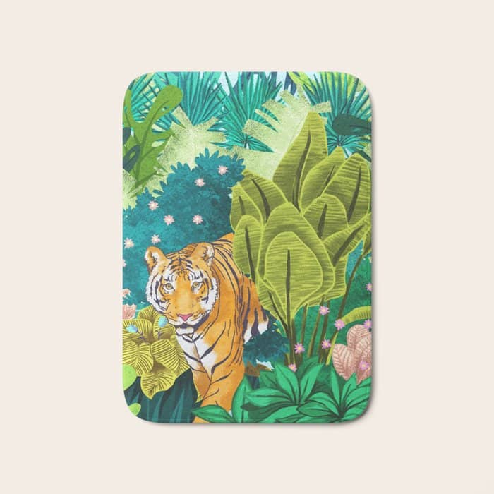 Jungle Tiger | Modern Bohemian Colorful Forest | Tropical Botanical Nature Watercolor Painting Bath Mat