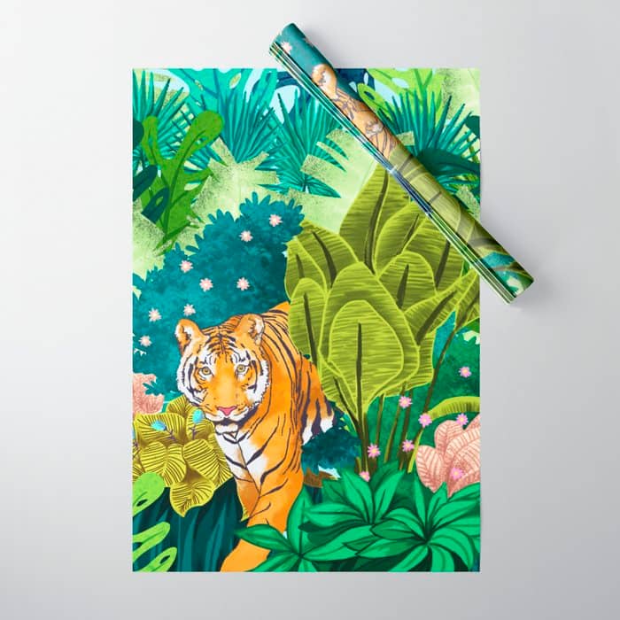 Jungle Tiger | Modern Bohemian Colorful Forest | Tropical Botanical Nature Watercolor Painting Wrapping Paper