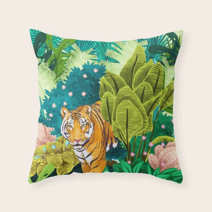 Jungle Tiger | Modern Bohemian Colorful Forest | Tropical Botanical Nature Watercolor Painting Throw Pillow