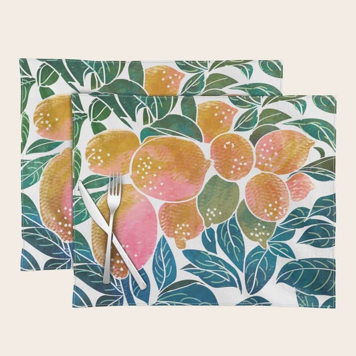Lemons | Watercolor Modern Boho Botanical Painting | Pastel Summer Jungle Garden Juicy Fresh Placemat
