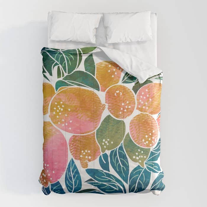 Lemons | Watercolor Modern Boho Botanical Painting | Pastel Summer Jungle Garden Juicy Fresh Comforter