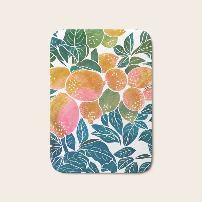 Lemons | Watercolor Modern Boho Botanical Painting | Pastel Summer Jungle Garden Juicy Fresh Bath Mat