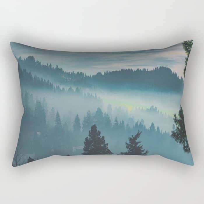 Misty Blue Watercolor Mountains Pine Trees Silhouette Minimalist Monochromatic Photo Rectangular Pillow