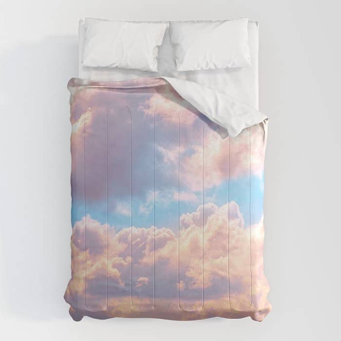 Beautiful Pink Cotton Candy Clouds Against Baby Blue Sky Fairytale Magical Sky Comforter