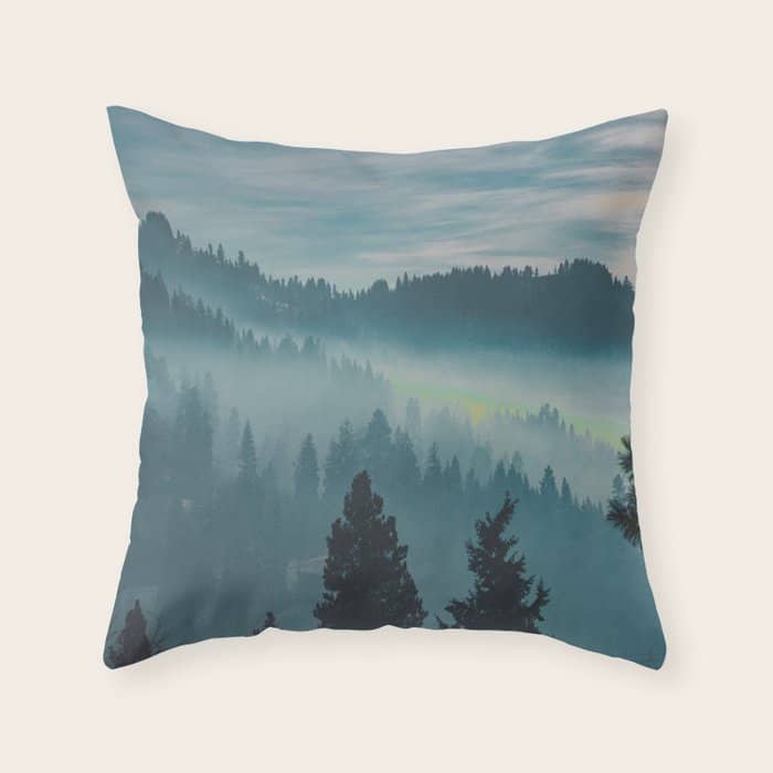 Misty Blue Watercolor Mountains Pine Trees Silhouette Minimalist Monochromatic Photo Throw Pillow