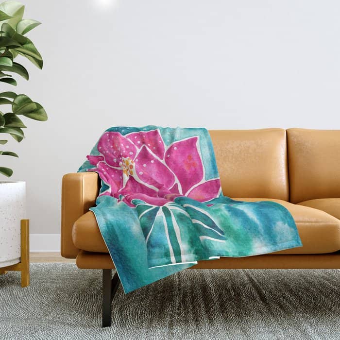 Sacred Lotus - Magenta Blossom With Turquoise Wash Throw Blanket