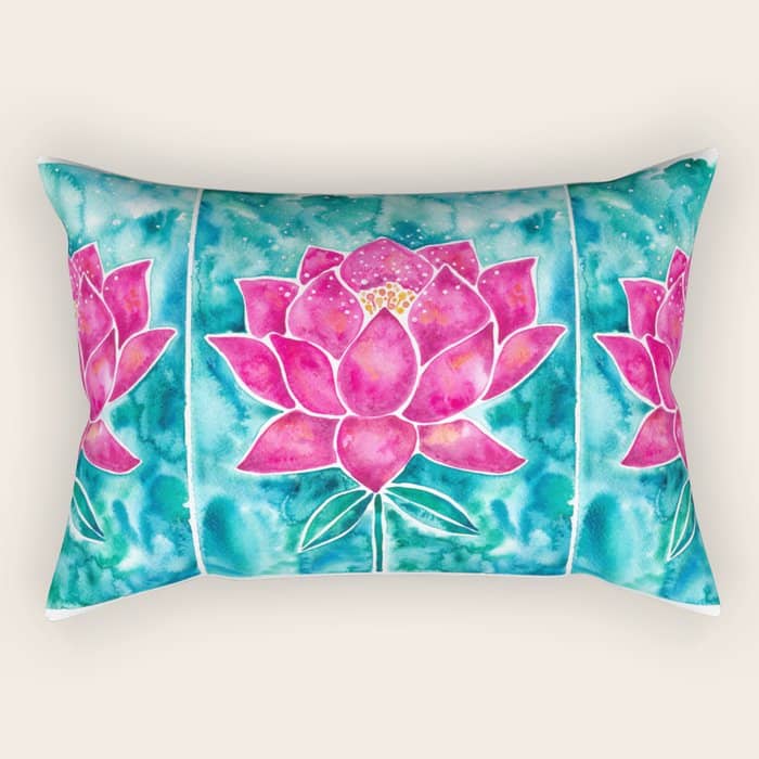 Sacred Lotus - Magenta Blossom With Turquoise Wash Rectangular Pillow