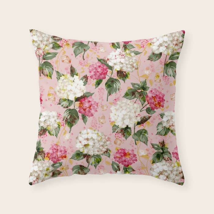 Vintage Green Pink White Bohemian Hortensia Flowers Throw Pillow