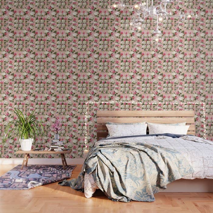 Vintage Green Pink White Bohemian Hortensia Flowers Wallpaper