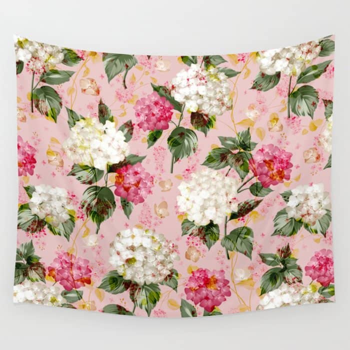 Vintage Green Pink White Bohemian Hortensia Flowers Wall Tapestry