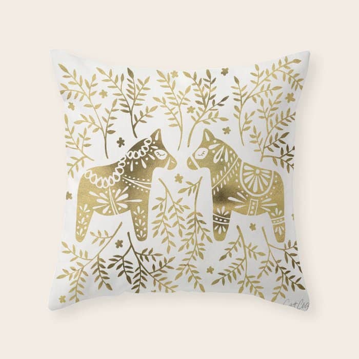 Swedish Dala Horses - Gold Palette Throw Pillow