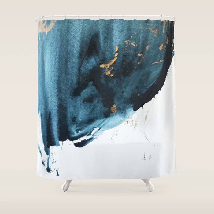A Minimal Sapphire And Gold Abstract Piece In Blue White And Gold By Alyssa Hamilton Art  Shower Curtain