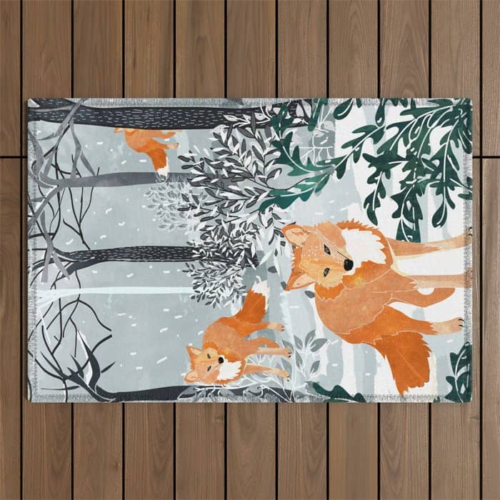 Fox Snow Walk, Animals Wildlife Winter, New Years Christmas Forest Wildlife Painting Outdoor Rug