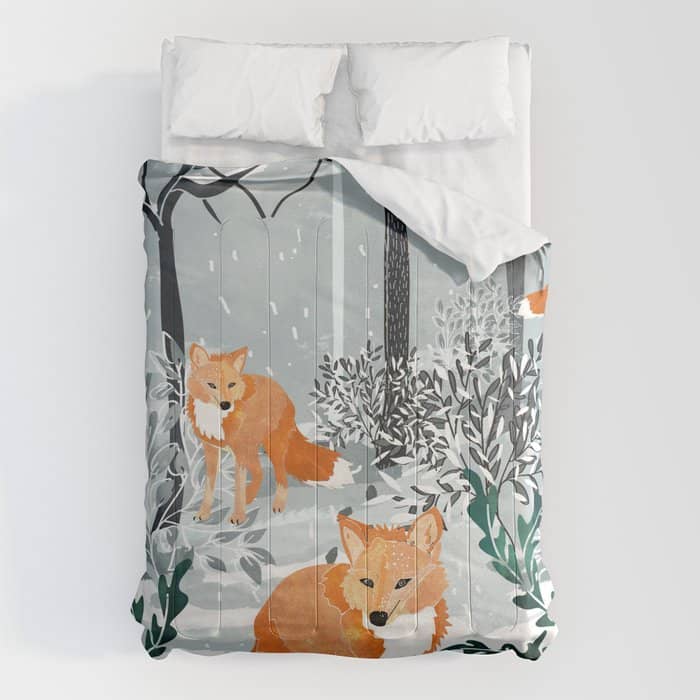 Fox Snow Walk, Animals Wildlife Winter, New Years Christmas Forest Wildlife Painting Comforter