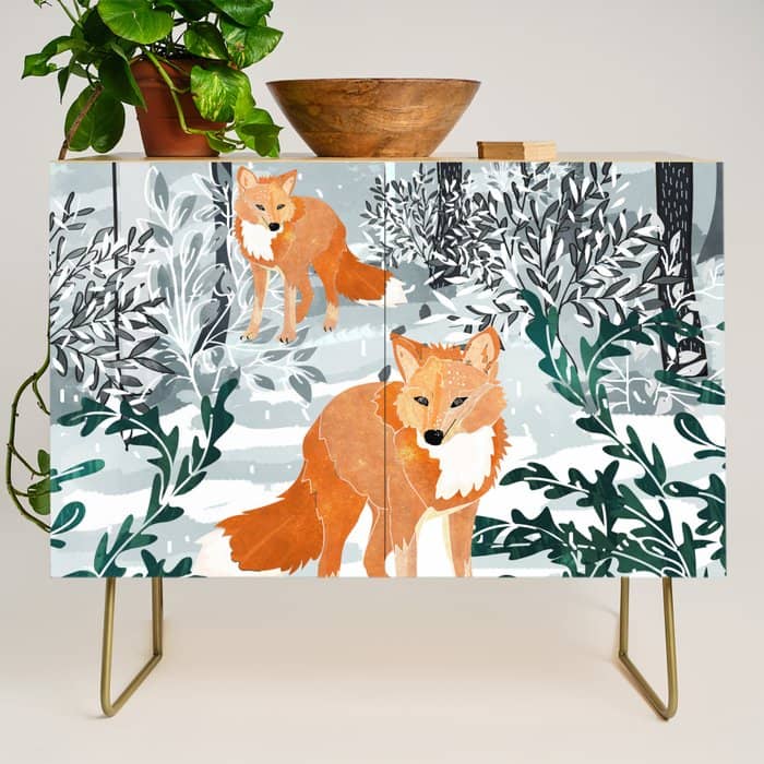 Fox Snow Walk, Animals Wildlife Winter, New Years Christmas Forest Wildlife Painting Credenza