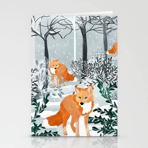 Fox Snow Walk, Animals Wildlife Winter, New Years Christmas Forest Wildlife Painting Stationery Card