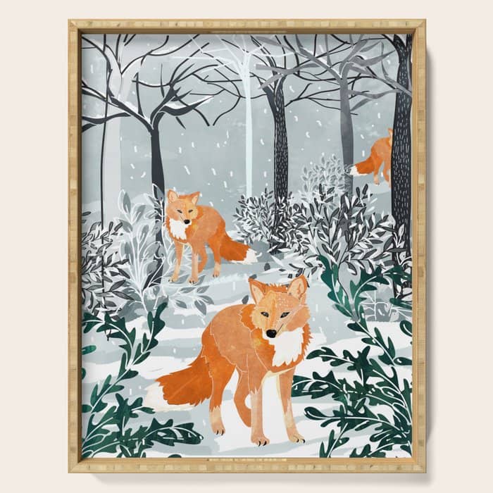 Fox Snow Walk, Animals Wildlife Winter, New Years Christmas Forest Wildlife Painting Serving Tray