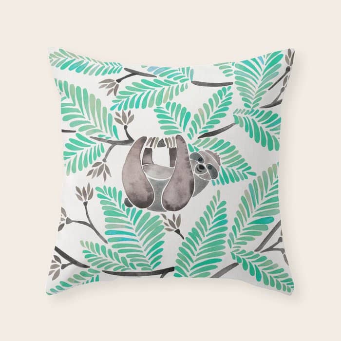 Happy Sloth - Tropical Mint Rainforest Throw Pillow
