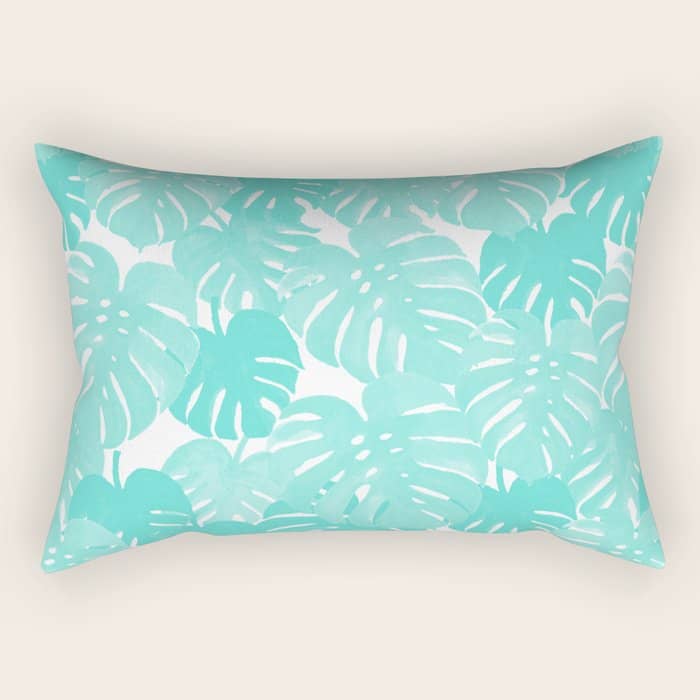 Monstera Tropical Palm Leaves Watercolor Botanical Painting Pastel Blue Decor Rectangular Pillow