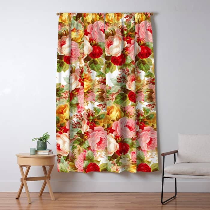 Boho Chic Pink Yellow Red Roses Floral Vintage Painting Window Curtain