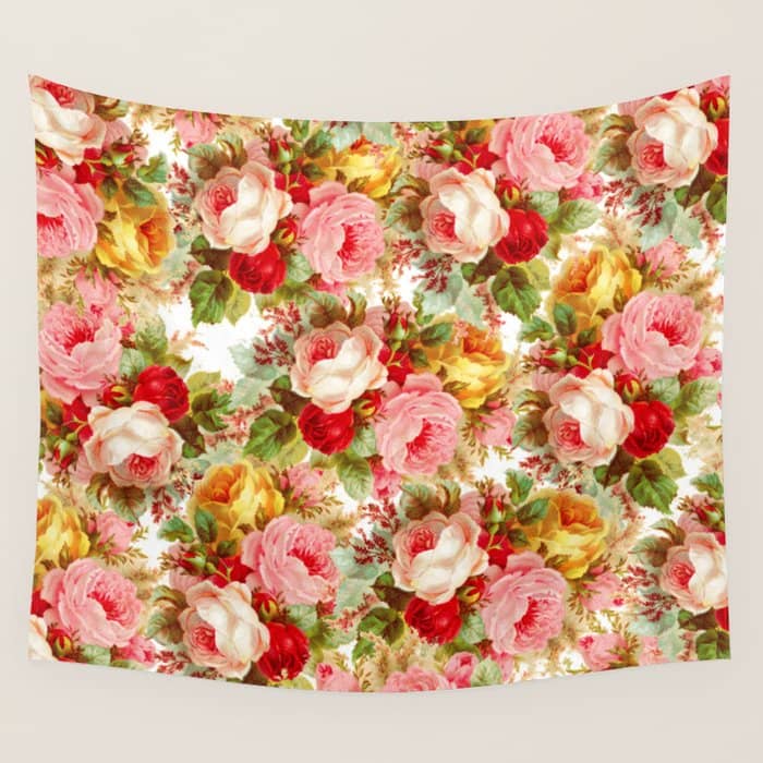 Boho Chic Pink Yellow Red Roses Floral Vintage Painting Wall Tapestry