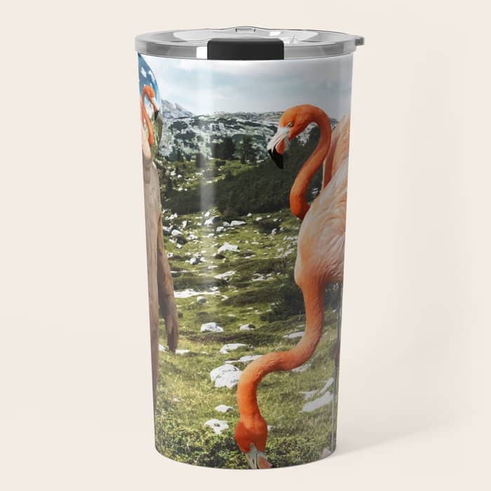 Alternate Reality, Surrealism Digital Photography, Space Flamingo Astronaut Collage Travel Mug