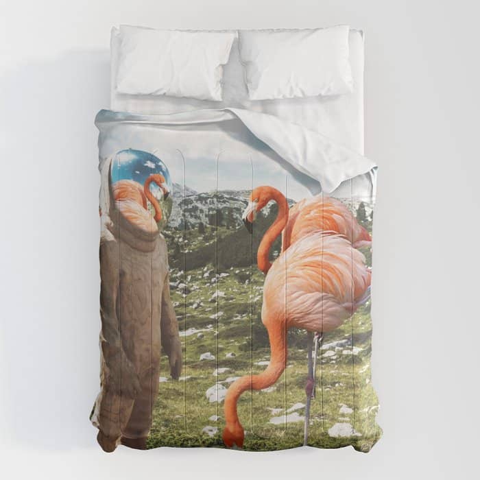 Alternate Reality, Surrealism Digital Photography, Space Flamingo Astronaut Collage Comforter