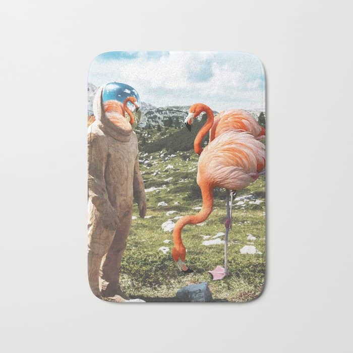 Alternate Reality, Surrealism Digital Photography, Space Flamingo Astronaut Collage Bath Mat