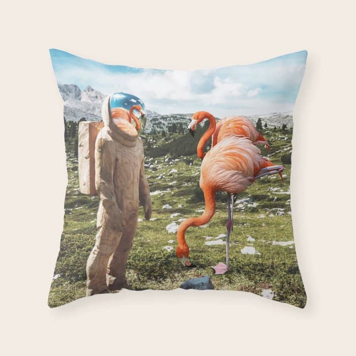 Alternate Reality, Surrealism Digital Photography, Space Flamingo Astronaut Collage Throw Pillow